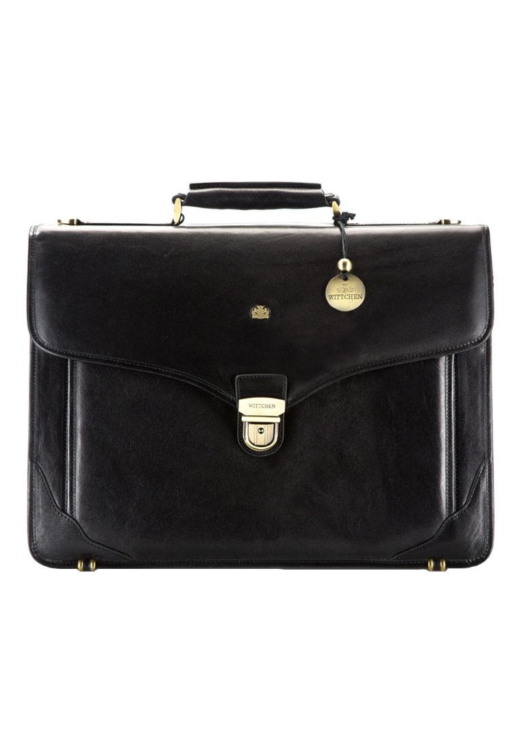 Černá kožená aktovka s elegantním obdélníkovým designem, zlatým kováním, horním držadlem a přední sponou s logem.