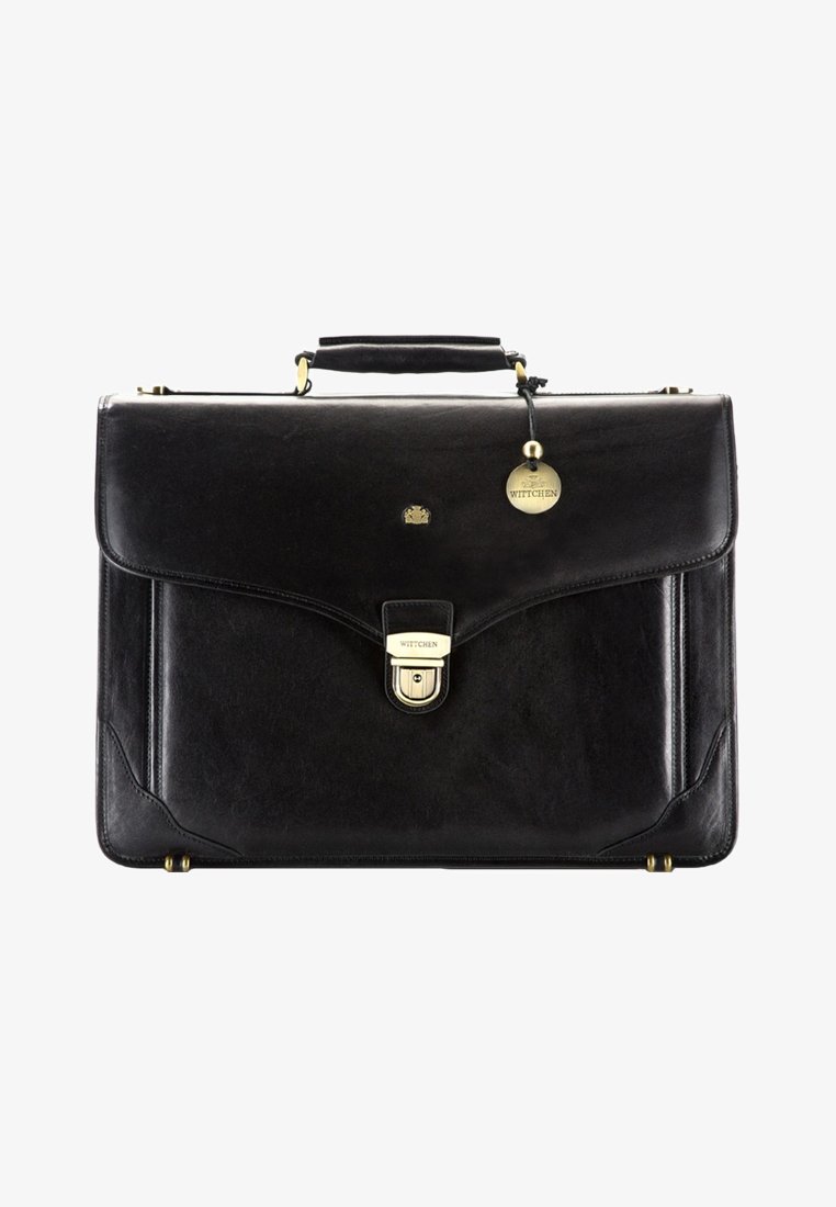 Černá kožená aktovka s elegantním obdélníkovým designem, zlatým kováním, horním držadlem a přední sponou s logem.