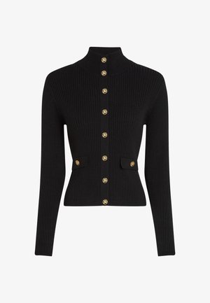 Svart ribbet cardigan med høy krage, som har gullknapper og to frontlommer med matchende knappdetaljer.