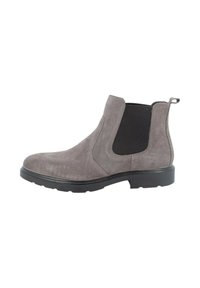 Stivaletto Chelsea grigio in suede con pannelli elastici laterali, linguetta sul retro e suola in gomma nera per trazione e durabilità.