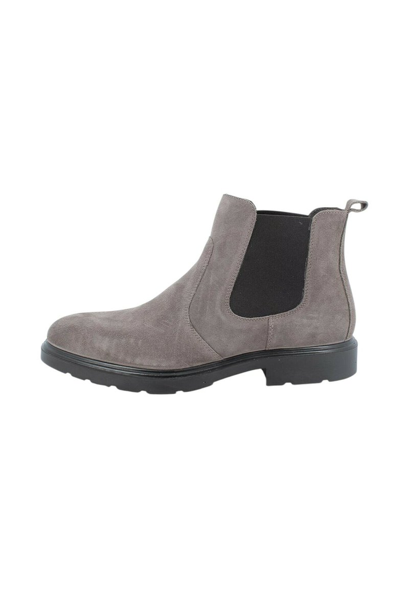Stivaletto Chelsea grigio in suede con pannelli elastici laterali, linguetta sul retro e suola in gomma nera per trazione e durabilità.