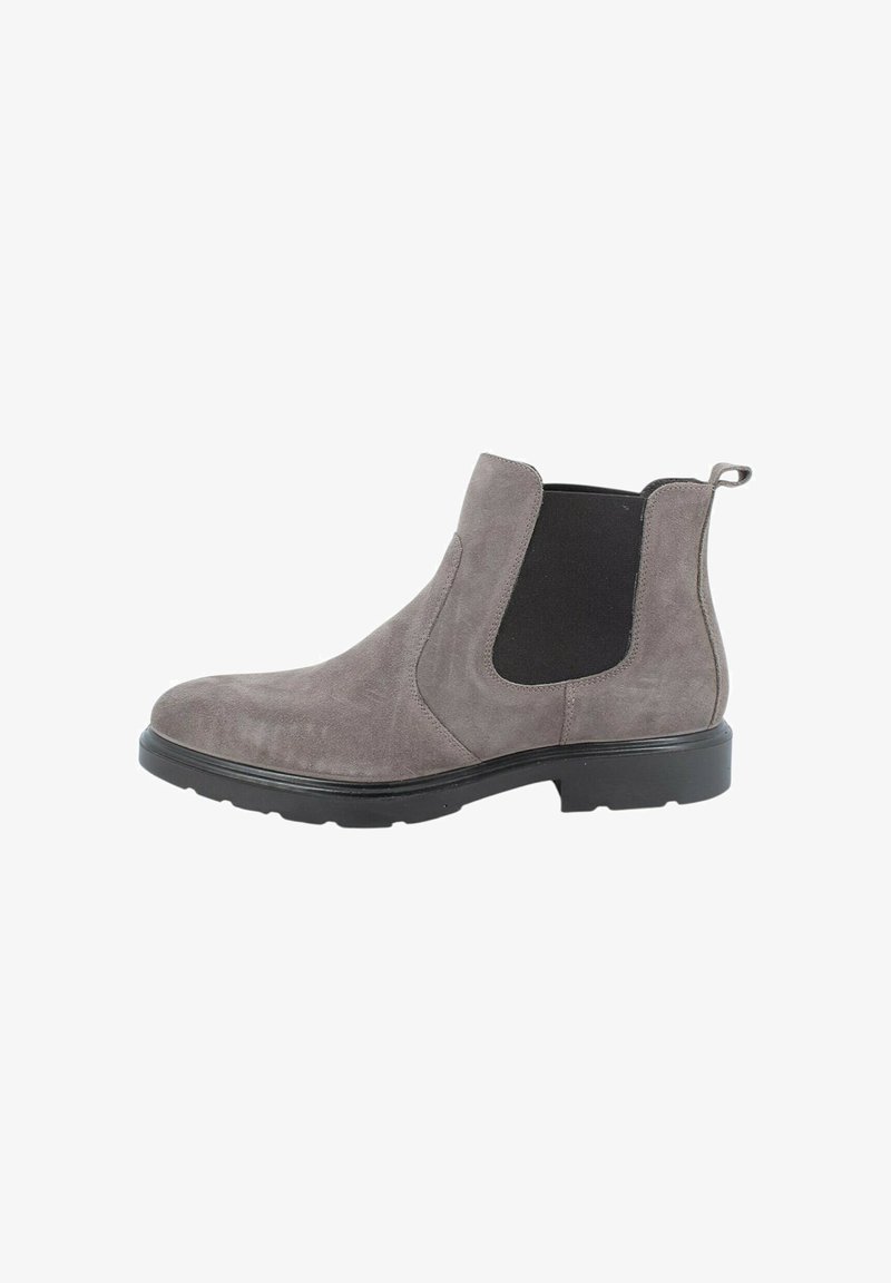 Stivaletto Chelsea grigio in suede con pannelli elastici laterali, linguetta sul retro e suola in gomma nera per trazione e durabilità.