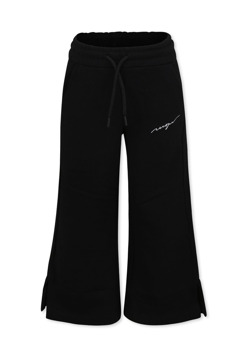 Zwarte sweatpants met wijde benen, een tailleband met trekkoord en zijsplitten. Heeft een witte scriptlogo aan de voorkant. Gemaakt van zacht katoen.