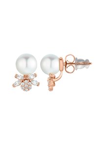 Orecchini in oro rosa con grandi perle bianche e design floreale che presenta gemme chiare, inclusi forme marquise e rotonde.
