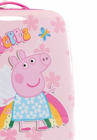 Valigia rosa con il personaggio dei cartoni animati Peppa Pig, decorata con un vestito floreale blu e accenti arcobaleno, finitura lucida e manico rosa.