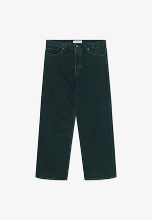 Dark green wide-leg denim jeans with button and zip closure, front pockets, and belt loops, laid flat on a white background.