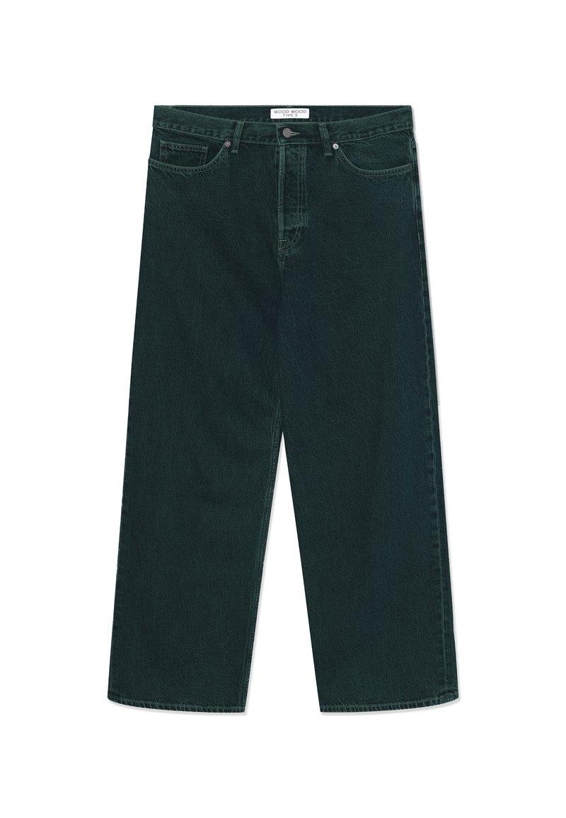Dark green wide-leg denim jeans with button and zip closure, front pockets, and belt loops, laid flat on a white background.