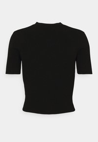 Black ribbed short-sleeve top with a fitted shape and round neckline, featuring a smooth texture and simple design without additional details.