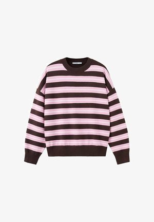 Pull à manches longues avec col rond, rayures horizontales marron et rose clair, poignets et ourlet côtelés.