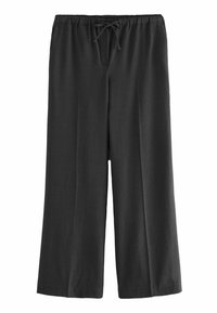 Pantalon noir à jambes larges avec taille élastique et cordon de serrage, fabriqué en tissu léger.