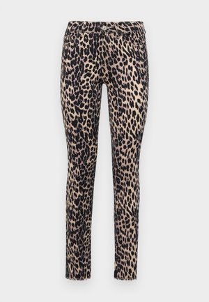 Leopard print skinny jeans with a beige base, black spots, a five-pocket design, and a front button closure. Made from a soft fabric.