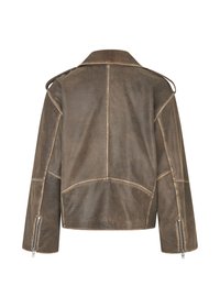 Brown leather jacket with a cropped design, wide collar, and shoulder epaulets. Features visible stitching and zippered cuffs.