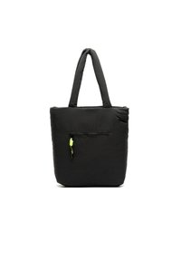 Sac fourre-tout rembourré noir avec deux poignées courtes. Comprend une poche zippée à l'avant avec une tirette verte fluo et un tissu doux et texturé.