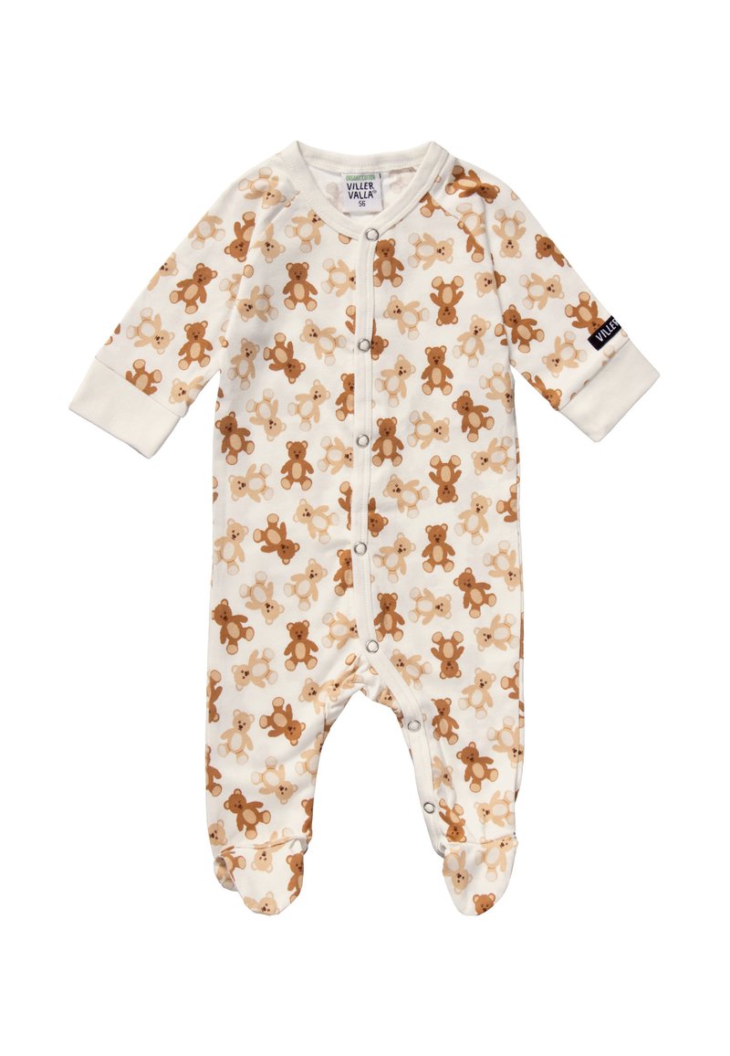 Body per bambini in cotone con stampa di orsetti marrone e beige su tutta la superficie. Presenta maniche lunghe, chiusure a snap e design con piedi.