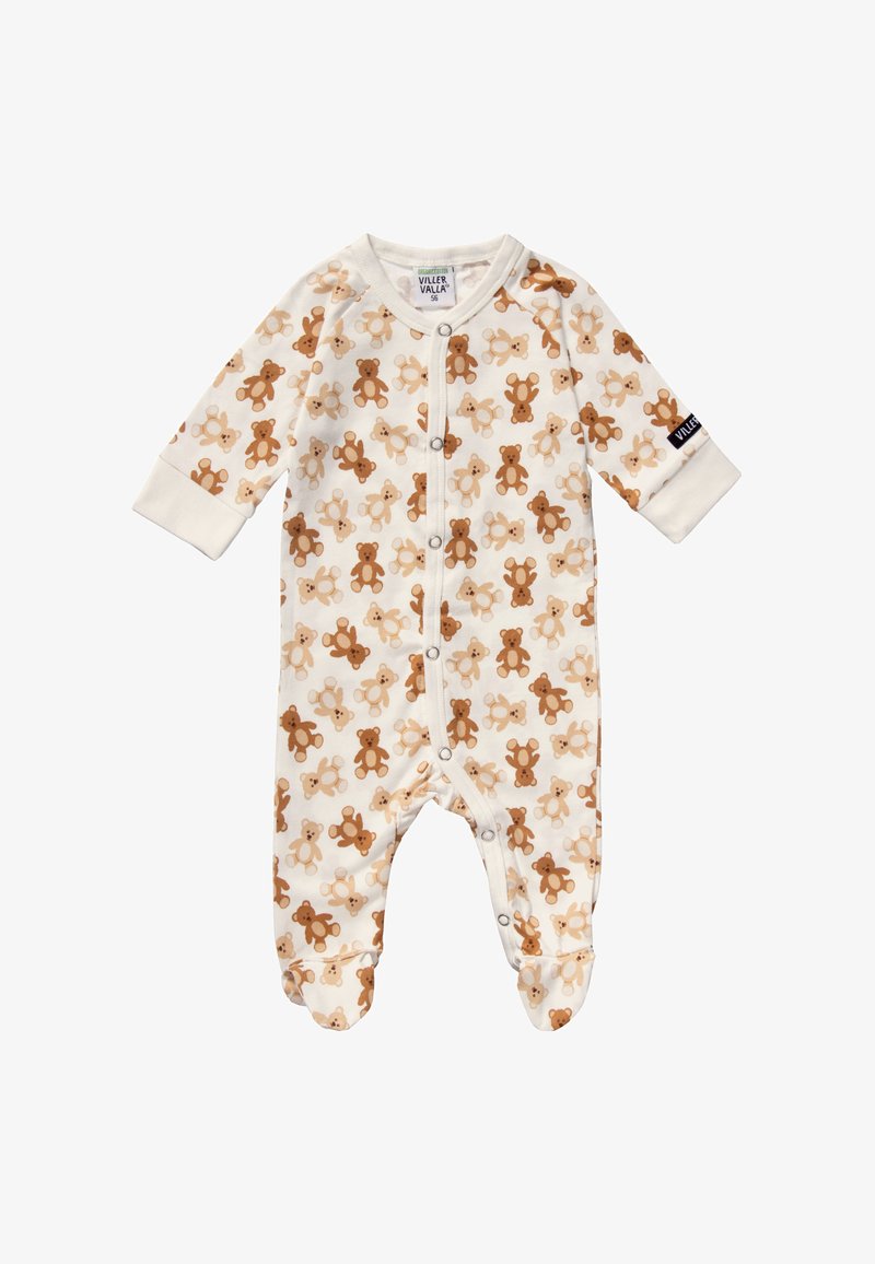 Combinaison en coton pour bébé avec un imprimé ours en peluche tan et marron sur toute la surface. Elle présente des manches longues, des fermetures à pression et un design avec pieds.