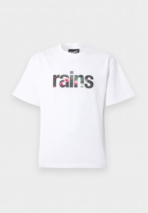 Biały t-shirt z krótkim rękawem z napisem "rains" na przodzie wypełnionym kwiatowym wzorem, okrągły dekolt oraz metka marki wewnątrz kołnierza.