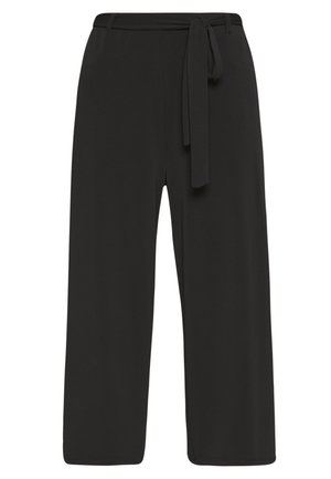Pantalons larges noirs en tissu doux, dotés d'une ceinture nouée à la taille et d'une texture lisse, sans accessoires visibles ni motifs.