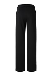 Zwarte broek met een wijde pijp en een elastische tailleband, voorzien van twee achterzakken, gemaakt van zachte, gladde stof voor comfort en flexibiliteit.