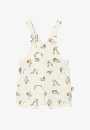 Peto de bebé de color crema con tirantes, decorado con globos sonrientes, arcoíris, toboganes, escaleras, cometas y árboles en colores pastel.