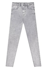 Jeans skinny de denim plateado con cintura alta, que presentan bolsillos frontales, pasadores para cinturón y cierre de botón. Textura suave con un desgaste mínimo.