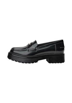 Black patent leather loafers with a chunky sole, featuring a decorative strap and subtle stitching detail. Rubber texture on the outsole.