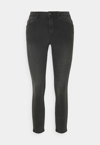 Schwarze Skinny-Jeans aus Denim mit glatter Textur. Verfügt über fünf Taschen, einen Knopfverschluss und dezentes Ausbleichen entlang der Beine.