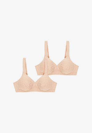 Deux soutiens-gorge nus avec des motifs rayés. Tissu doux, armatures, bretelles réglables et texture lisse. Sans ornements supplémentaires.