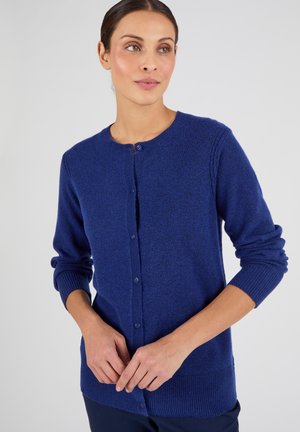 Cardigan en laine bleu avec un col rond, une fermeture à boutons sur le devant, et des poignets et un ourlet côtelés. Présente une texture douce et une coupe décontractée.