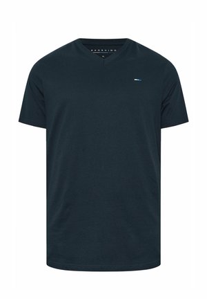 Marineblauw T-shirt met korte mouwen en V-hals met een klein rechthoekig logo op de linkerborst, maat XL, effen ontwerp.