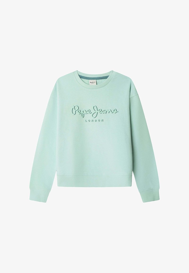 Sweat-shirt vert menthe en coton doux, avec un col rond, des poignets côtelés et un logo embossé "Pepe Jeans London" sur le devant.