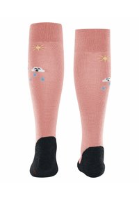 Rosa kniehohe Socken mit schwarzer Ferse, die mit gestickten Designs von Sonne, Wolken und Regentropfen verziert sind. Glatte Textur, elastischer Bund.