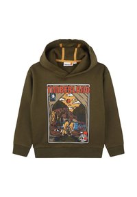 Felpa verde oliva con stampa grafica frontale raffigurante la parola "TIMBERLAND." Presenta un cappuccio con cordini e polsini a costine.