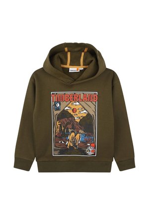 Felpa verde oliva con stampa grafica frontale raffigurante la parola "TIMBERLAND." Presenta un cappuccio con cordini e polsini a costine.