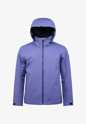 Giacca impermeabile viola con cappuccio, dotata di chiusura frontale con zip e tasche laterali. Tessuto liscio e polsini regolabili.
