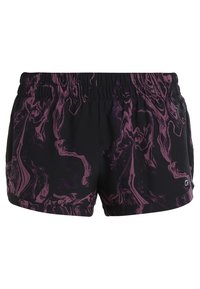 Mustat urheilushortsit, joissa on pyörteilevä violetti-musta marmoroitu kuvio, joustava vyötärönauha ja pieni logo alareunassa.