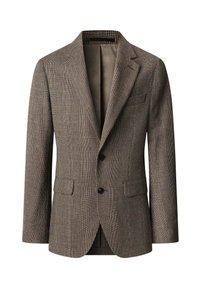 Blazer a quadri marrone realizzato in tessuto texturizzato, con design a un bottone, rever a punta e due tasche frontali.