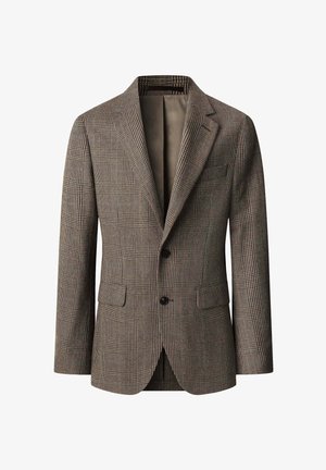 Blazer de cuadros marrones hecho de tejido texturizado, con un diseño de un solo botón, solapas con muesca y dos bolsillos frontales.