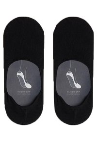 Zwarte stretch katoenen sokken met silicone grip aan de binnenzijde, met een gecontoureerde voetvorm en een minimalistisch ontwerp.