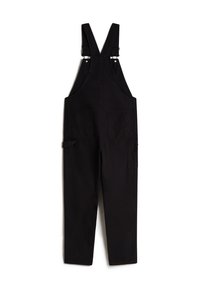 Schwarze Latzhose aus strapazierfähigem Stoff, mit verstellbaren Trägern, zwei Fronttaschen und einem geraden Bein Design. Glatte Textur und keine Muster.