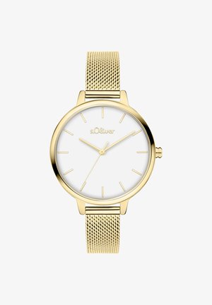 Goldfarbene Mesh-Uhr mit rundem weißem Zifferblatt, schlanken Stundenmarkierungen und minimalistischem Design. Verfügt über eine sichere Schließe und eine glatte Lünette.