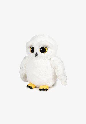 Giocattolo gufo di peluche bianco con occhi gialli brillanti, becco nero e piedi gialli. Presenta una morbida trama di pelliccia e ali con motivo grigio.