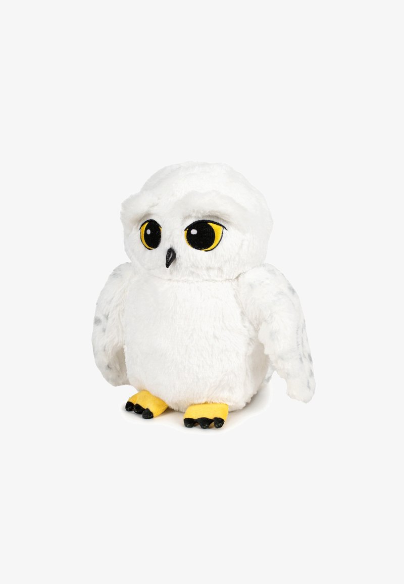 White plush owl toy with bright yellow eyes, black beak, and yellow feet. Features soft fur texture and gray patterned wings.