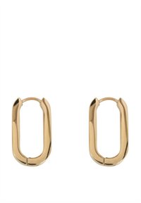 Gold-tone metal earrings featuring a flat, elongated oval shape with smooth edges and a polished finish, lacking intricate patterns or accents.