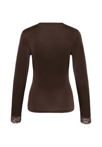 Haut marron ajusté à manches longues vu de dos, avec bordure en dentelle aux poignets, sans fermetures ni motifs visibles.