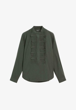 Langärmliges Hemd in Olivgrün mit Stehkragen, vorn mit Faltenwurf, dekorativen Knöpfen und legere Passform.