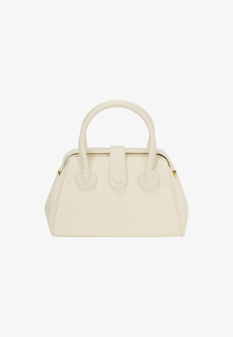 Borsa strutturata color crema con pelle testurizzata, manici arrotondati e una chiusura a patta sicura con morbidi dettagli rotondi.