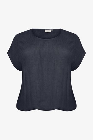 Navyblauw korte mouw top gemaakt van lichtgewicht stof, met een ronde halslijn en een relaxte pasvorm met een licht gebogen zoom.