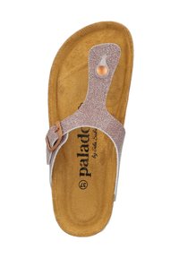 Pink glittery flip-flop sandals with a metallic gold footbed, featuring a toe-post design and a circular metal accent on the strap.