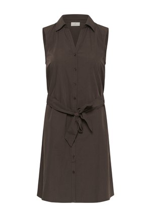 Vestido sin mangas de color marrón oscuro con botones, cuello y cinturón atado en la cintura, hasta la rodilla, confeccionado con tela ligera.