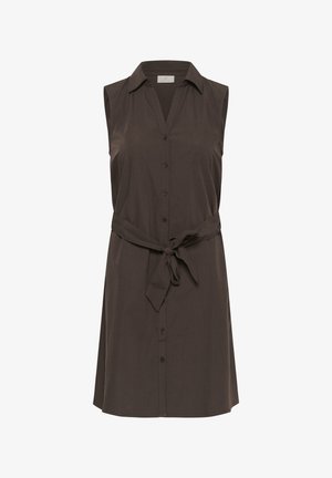 Ärmelloses dunkelbraunes Hemdkleid mit Kragen und gebundenem Taillengürtel, knielang, aus leichtem Stoff.
